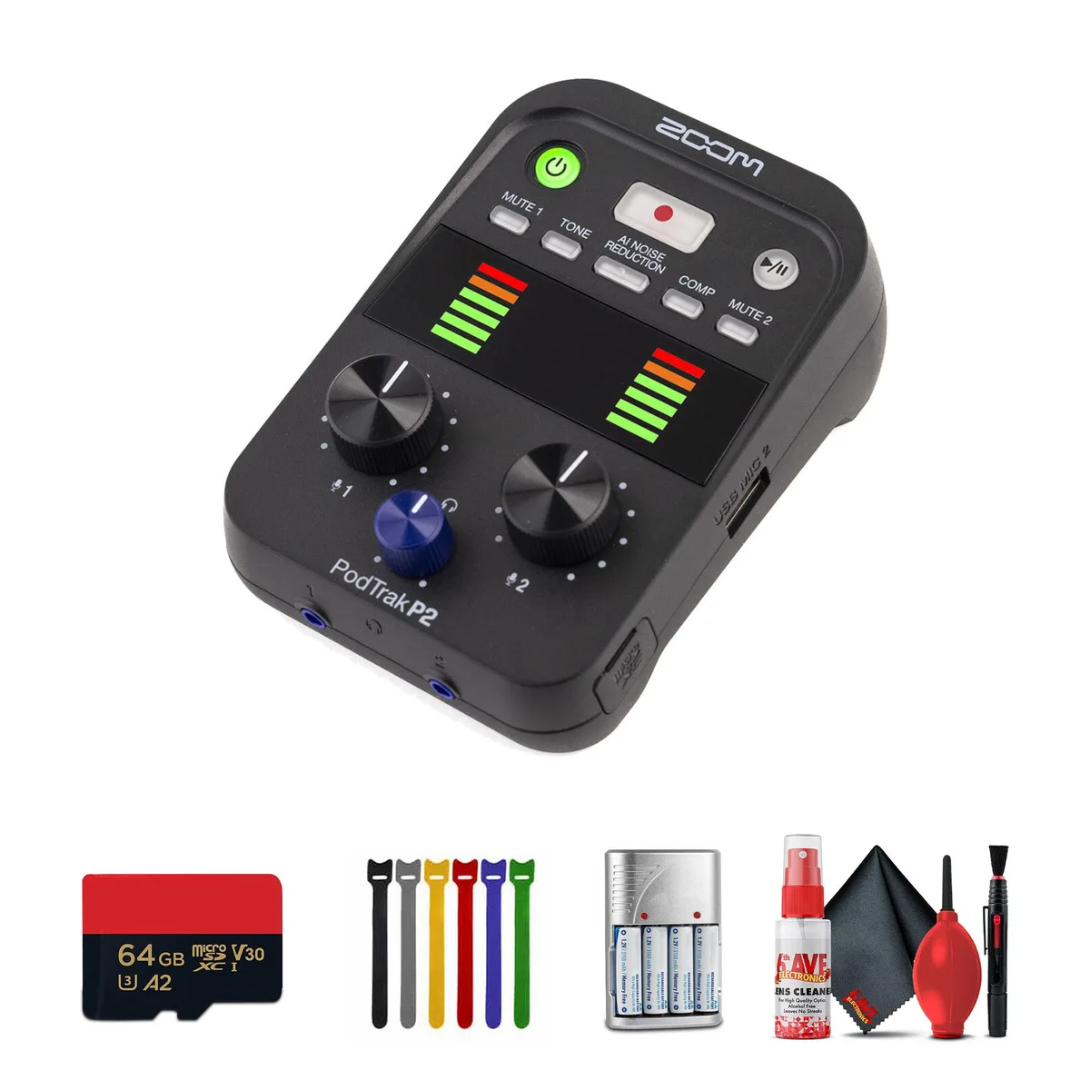 Zoom Zoom PodTrak P2 Dual USB Mic Recorder with Charger Bundle — product photo