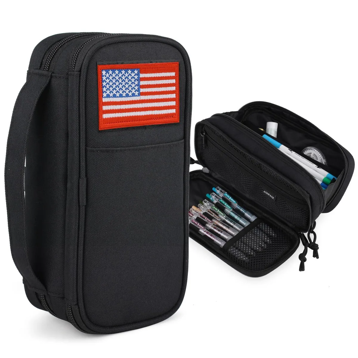 Canvas pencil bag 12 inch with handle and MOLLE strap, solid colour, front Velcro patch area, two compartments with mesh pockets