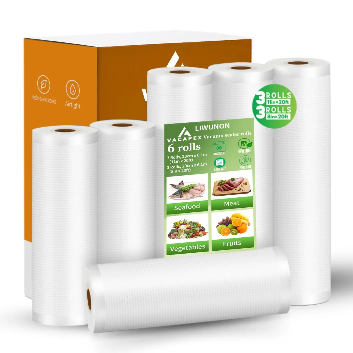  LIWUNON 6 Pack Vacuum Sealer Bags Rolls 11" x 20' &amp; 8" x 20 — product photo