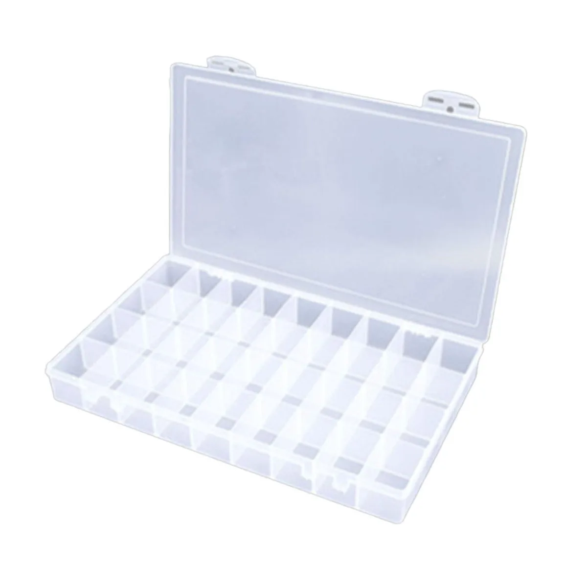 Clear plastic organizer box 14.9 by 9.2 by 1.9 inches with 36 fixed compartments