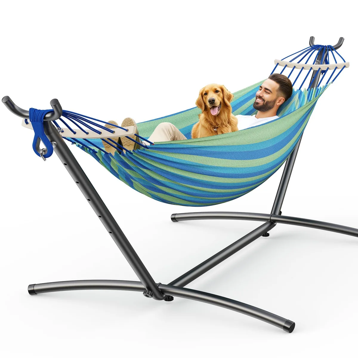 ANAGOO double hammock on blue steel stand with wooden spreader bar