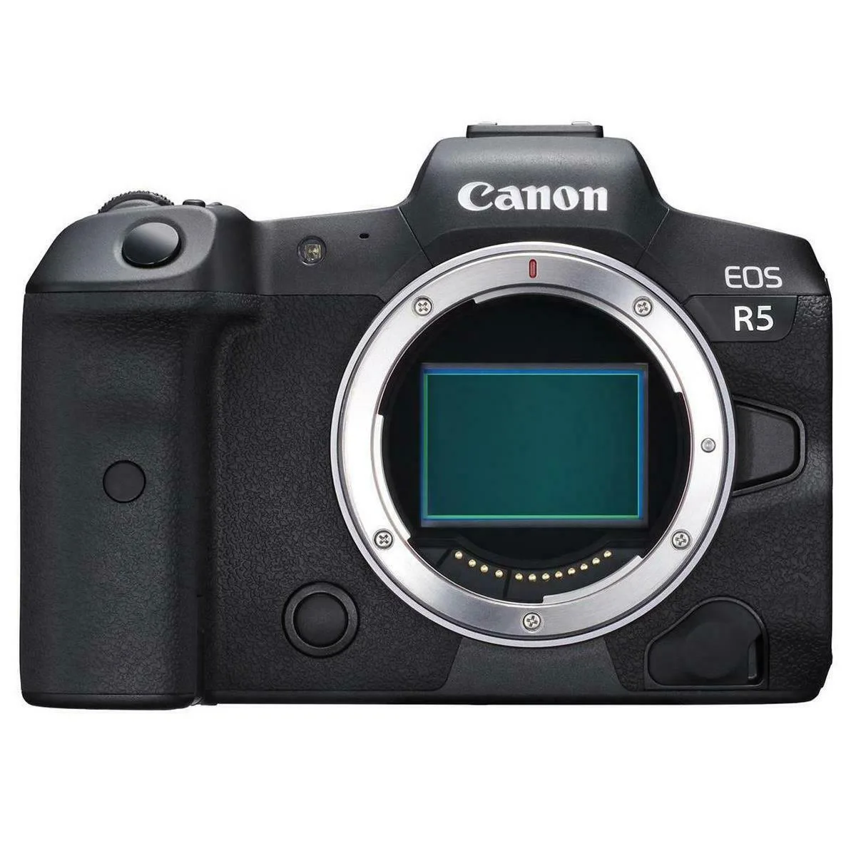 Black Canon EOS R5 mirrorless camera body with vari-angle touchscreen and electronic viewfinder
