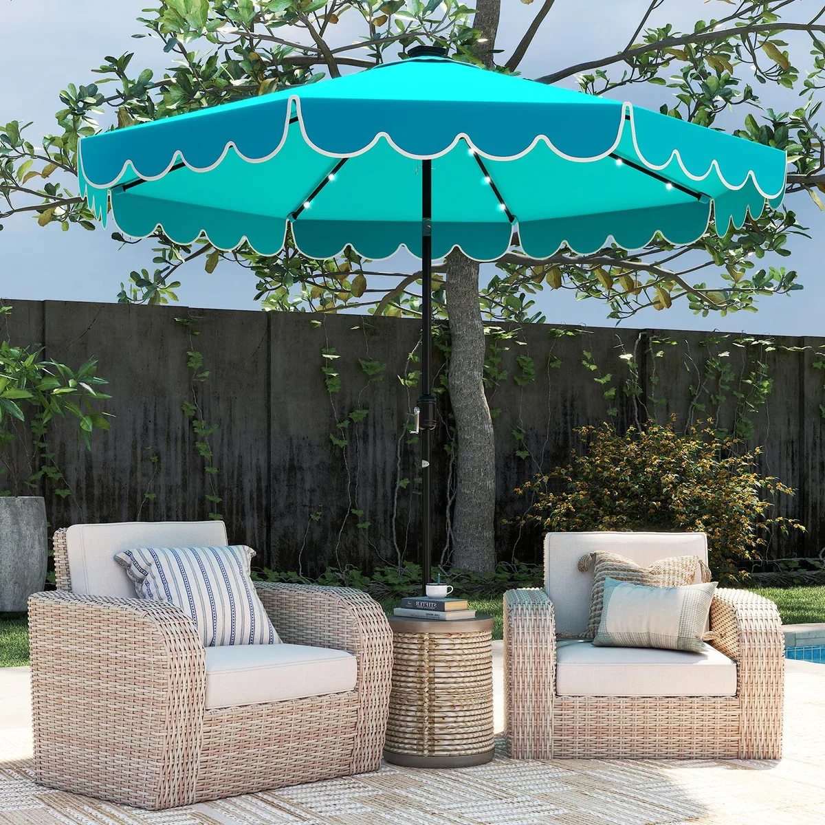 Turquoise 10 ft patio umbrella with 24 LED lights on metal ribs