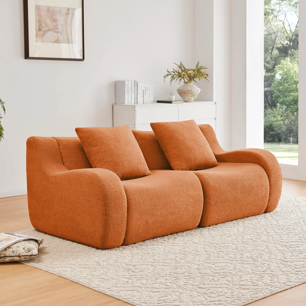 Orange teddy fabric boneless sofa with curved armrests and non-slip base