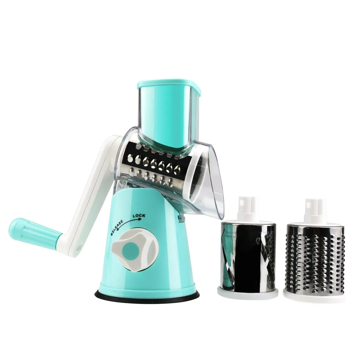 Blue round rotary grater with three stainless steel drums, suction base and crank handle