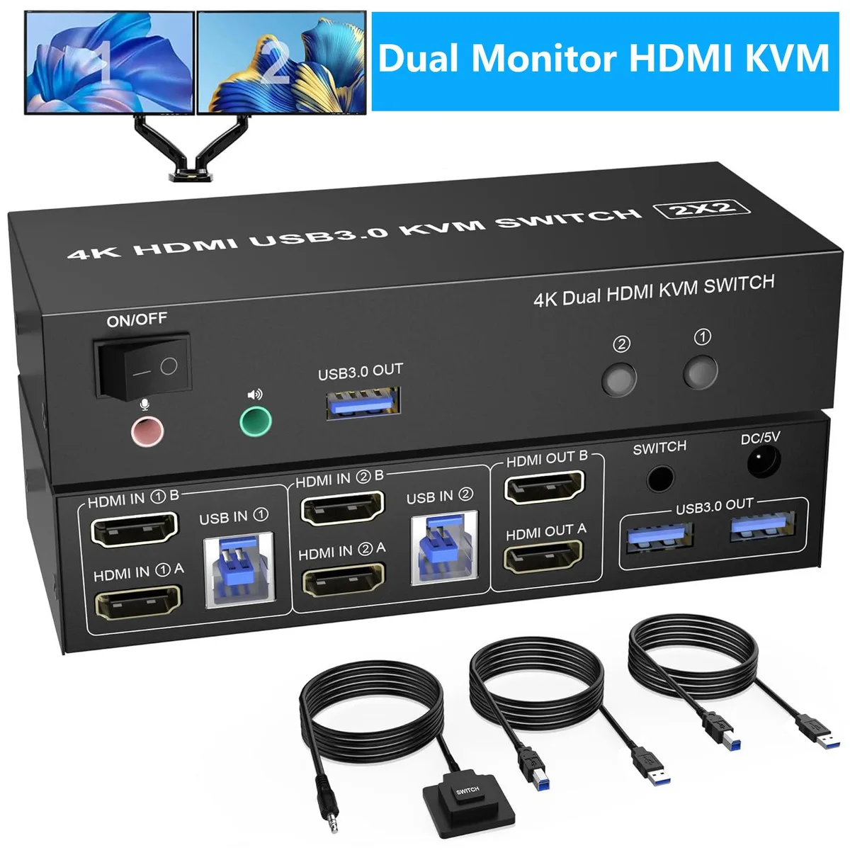IHDAPP IHDAPP 2 Port HDMI Dual Monitor USB 3.0 KVM Switch 4K@60Hz — product photo