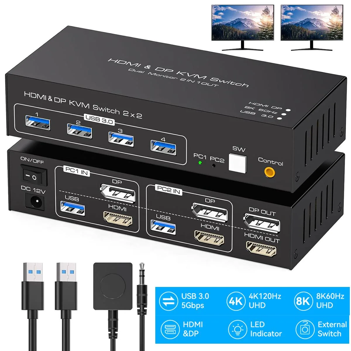 Hitoor Hitoor Dual Monitor KVM Switch 2×2 HDMI DP 4K120Hz 8K60Hz 4×USB 3.0 — product photo