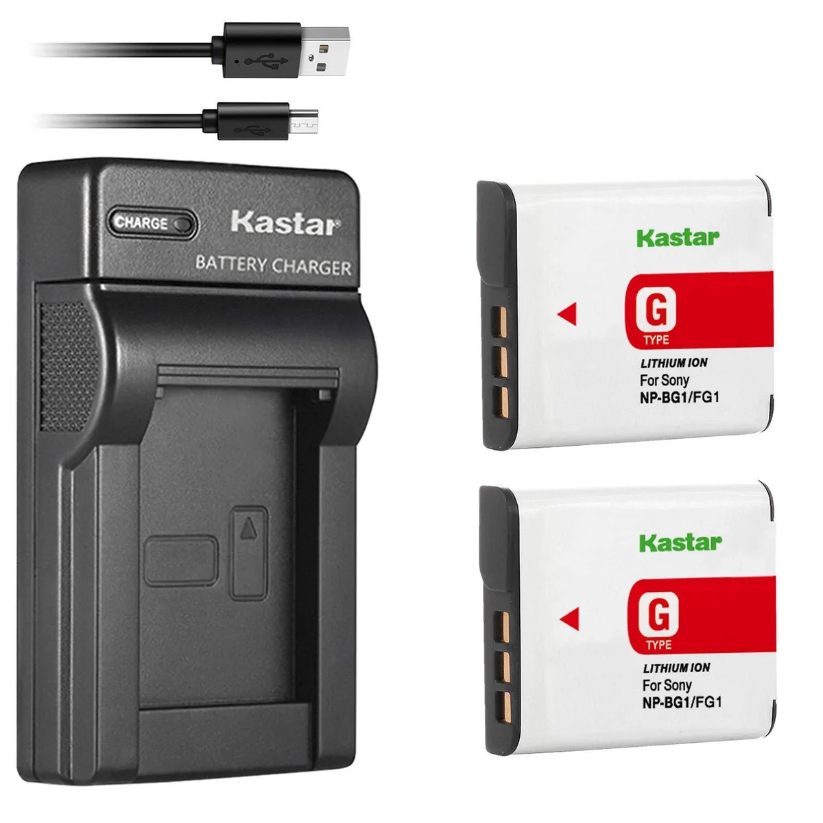 Two rectangular lithium-ion batteries and a slim USB charger with cable