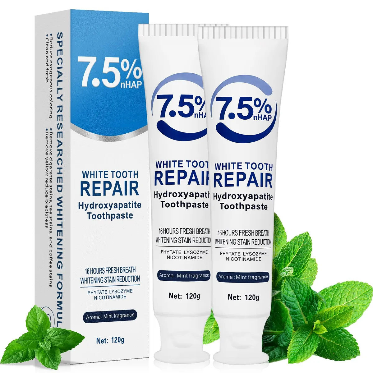 Two white 120g toothpaste tubes with blue caps on a clean background