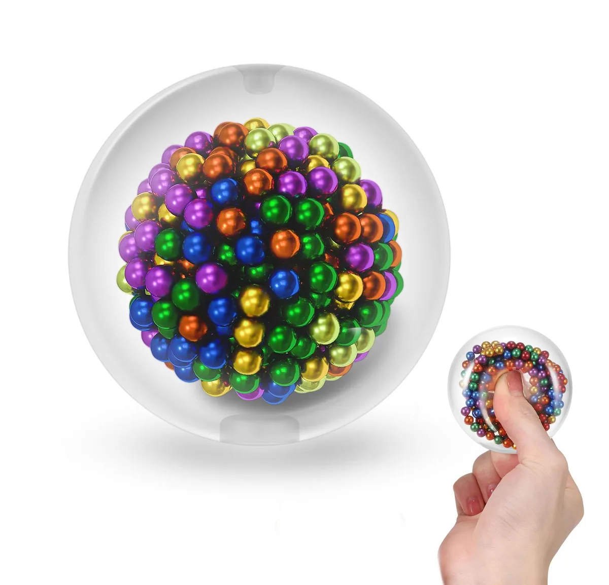 Transparent silicone ball filled with 216 colourful magnetic spheres, textured surface
