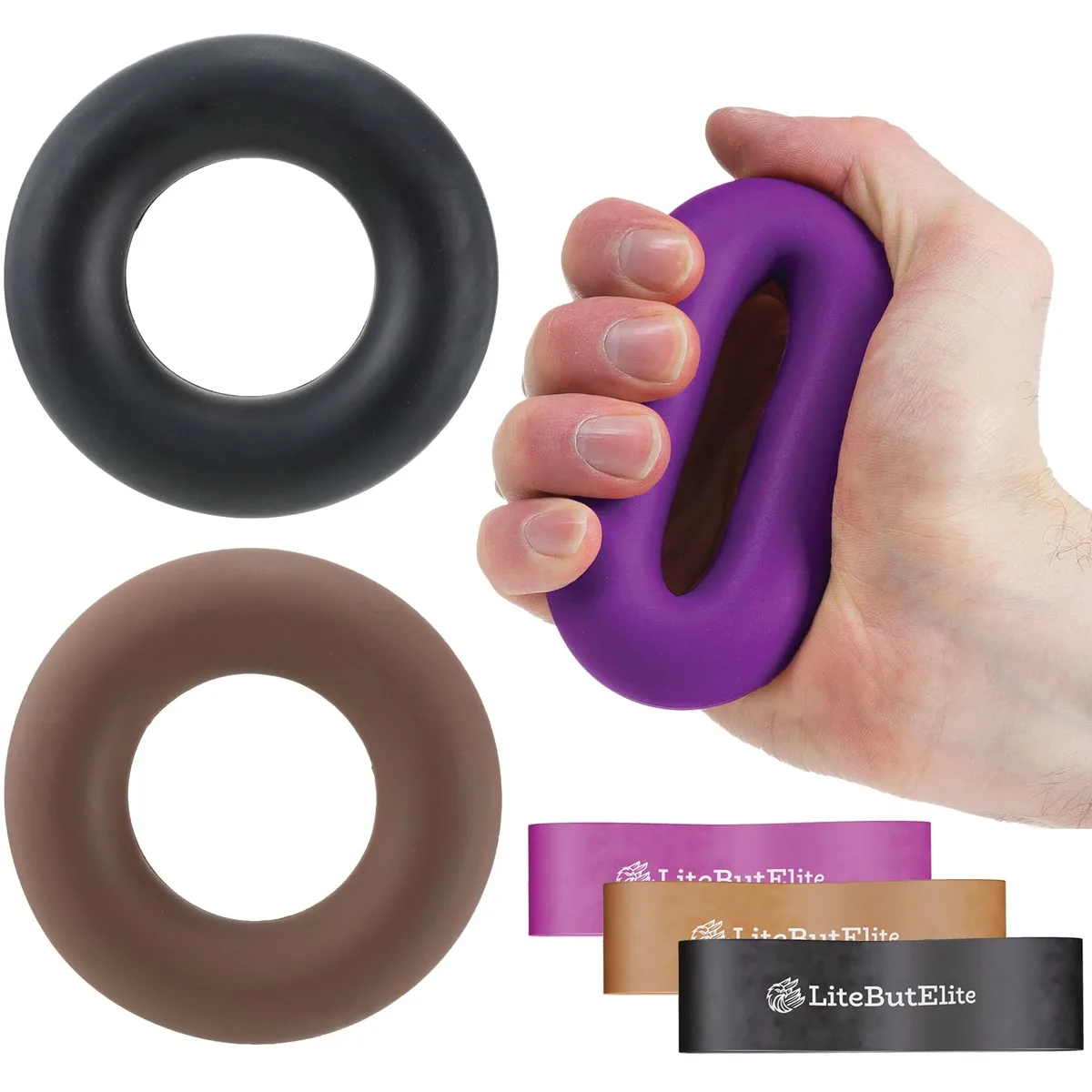 Black round grip strength trainer kit with purple and brown extensor bands