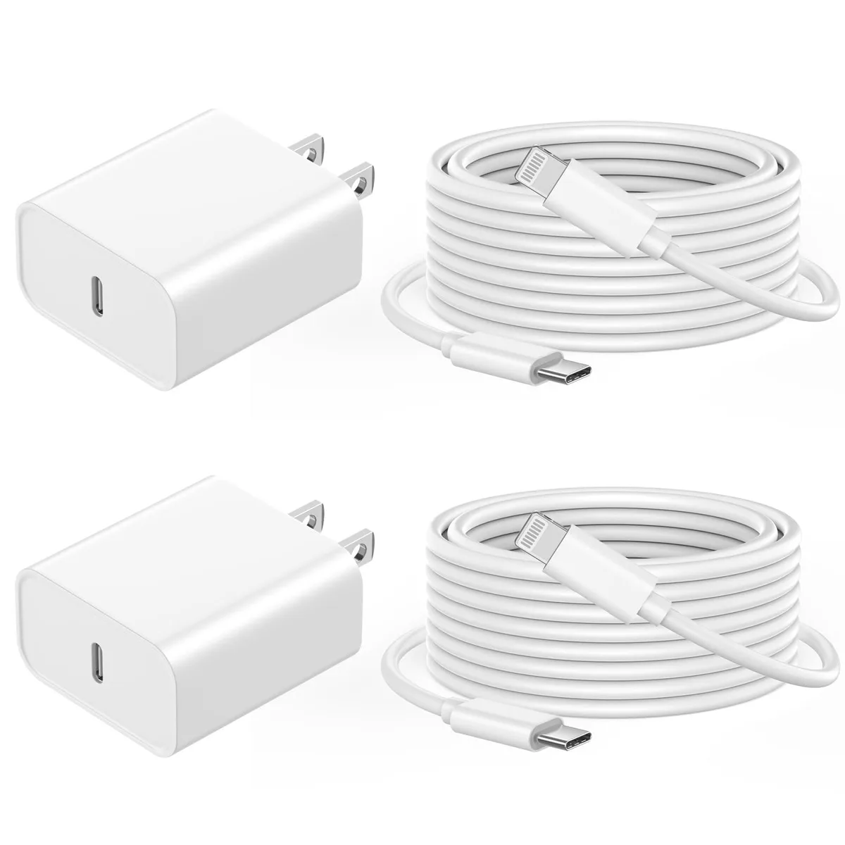 Two white USB-C wall chargers with six-foot white Lightning cables
