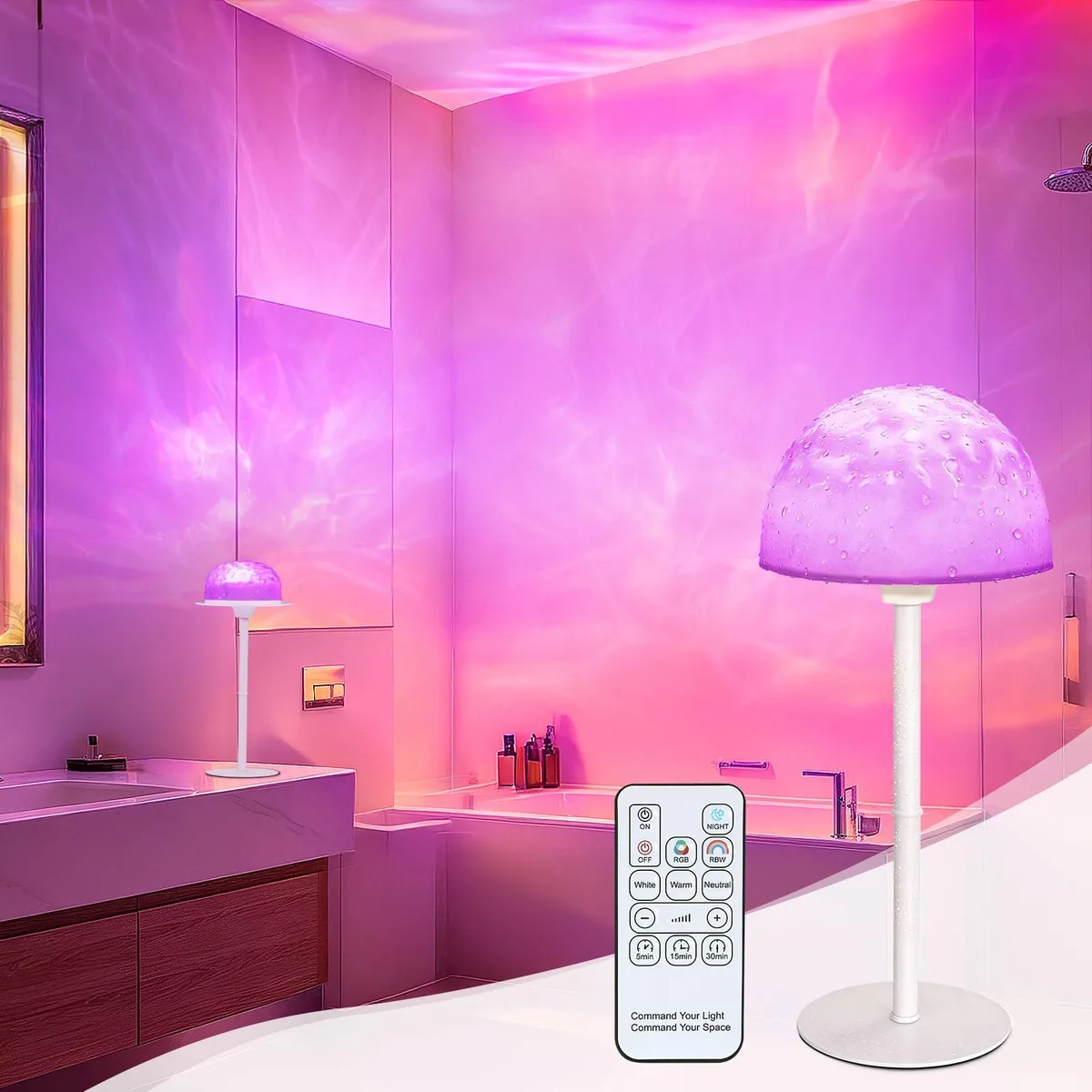 Round polished chrome shower lamp with ocean wave projector, touch and remote control