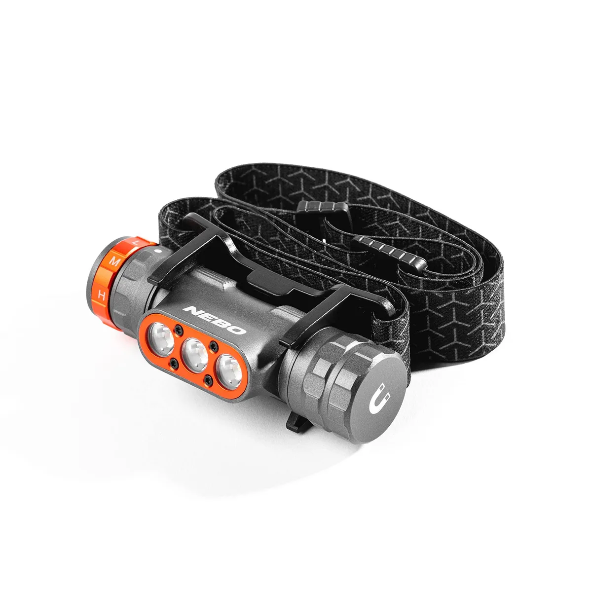 Black anodized aluminum headlamp with adjustable strap and magnetic base, compact rectangular shape