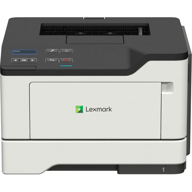 White rectangular laser printer with front paper tray and control panel