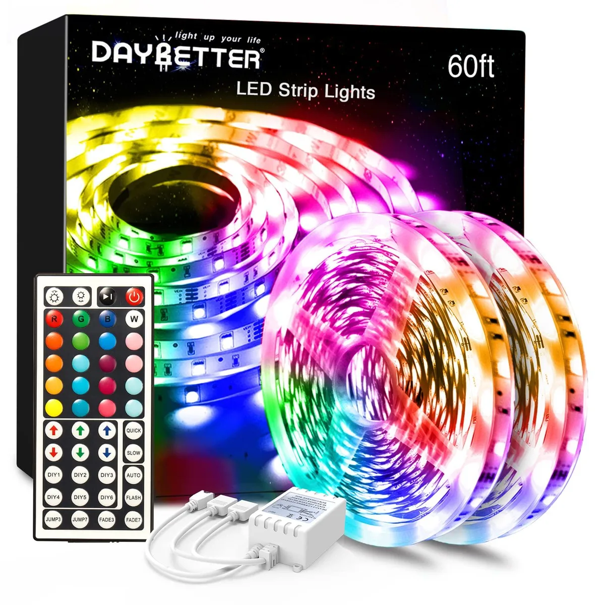Two rolls of flexible LED strip lights on reels with a blue wire, power adapter, remote and control box