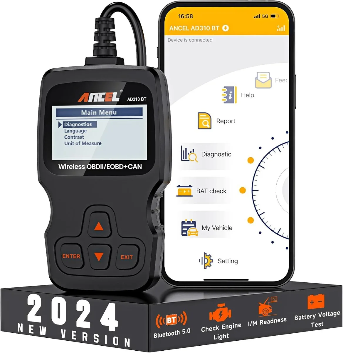 Small black handheld OBD-II scanner with rounded edges