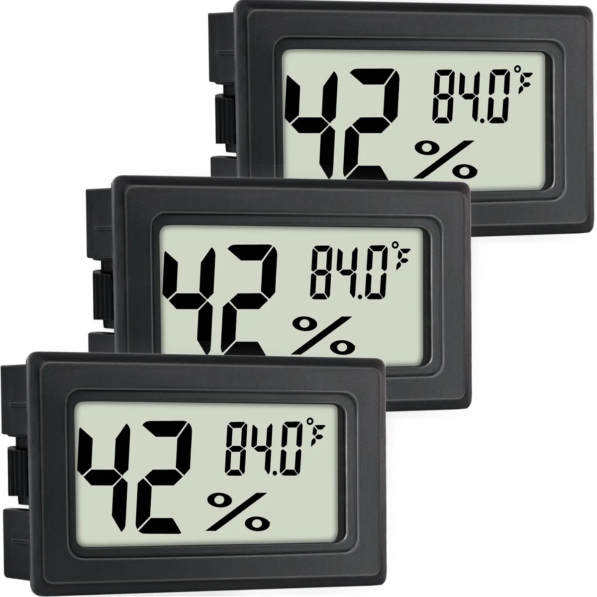 Four small black rectangular hygrometer thermometers with LCD screens