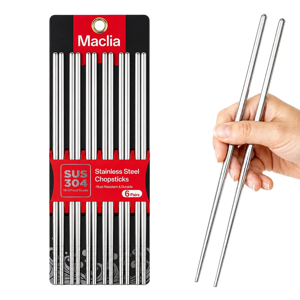 Six pairs of silver stainless steel chopsticks with square handles and grooved tips