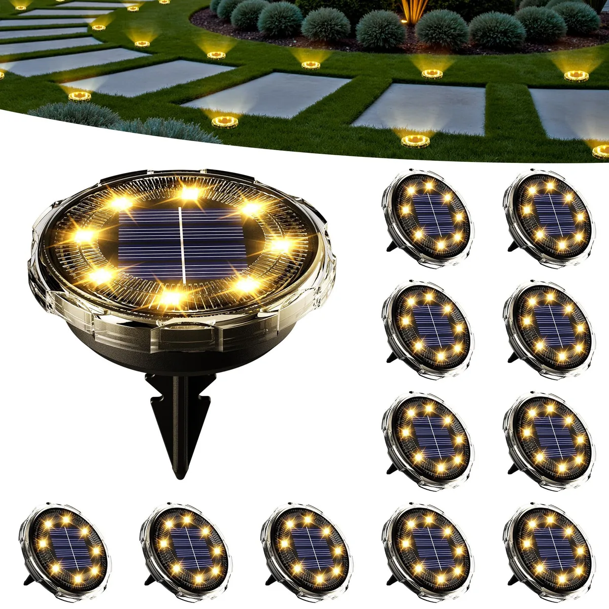 Twelve flat solar ground lights, warm white, IP65 waterproof, flush-mounted design