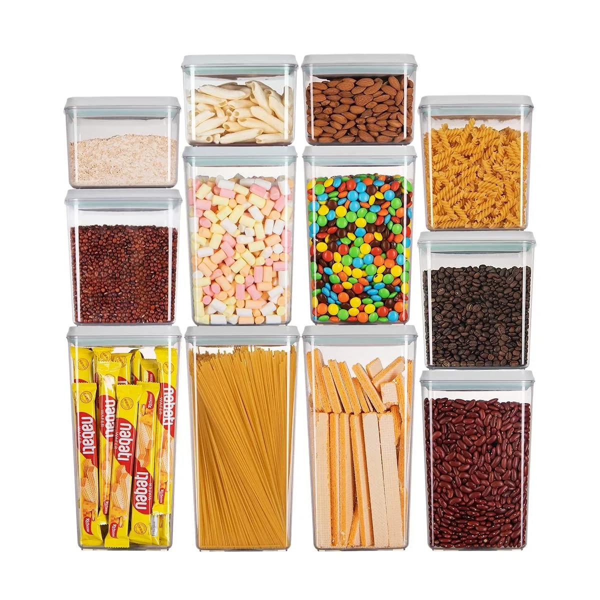 Twelve clear rectangular airtight containers with push-button lids in four sizes