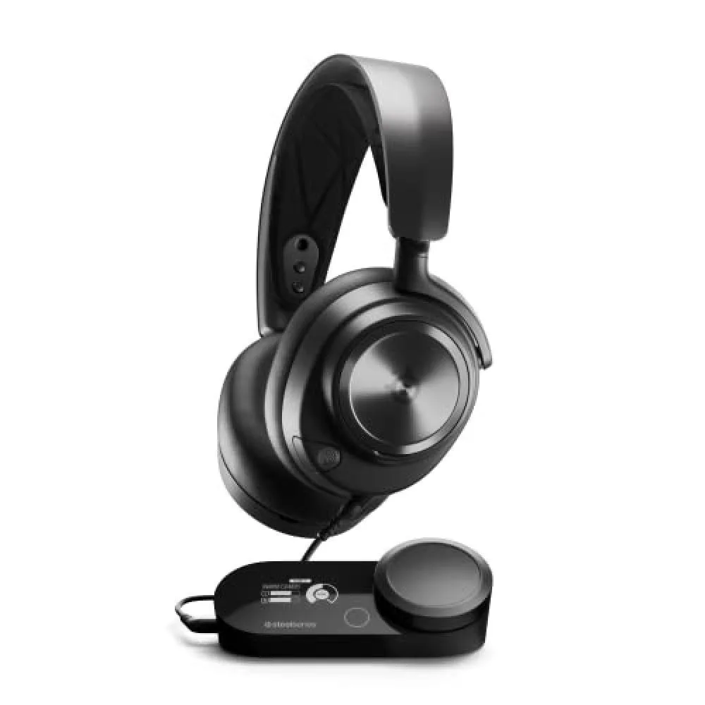 Black wired gaming headset with steel headband and matte earcups