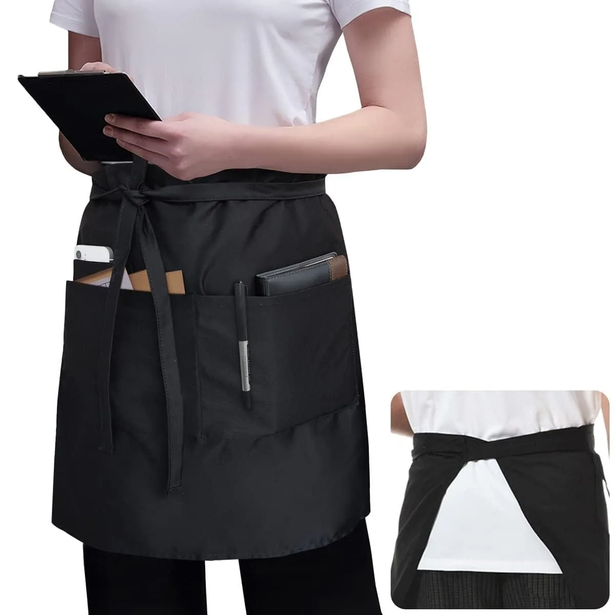 Two black half bistro aprons with three pockets each, waterproof fabric, 18 inch length