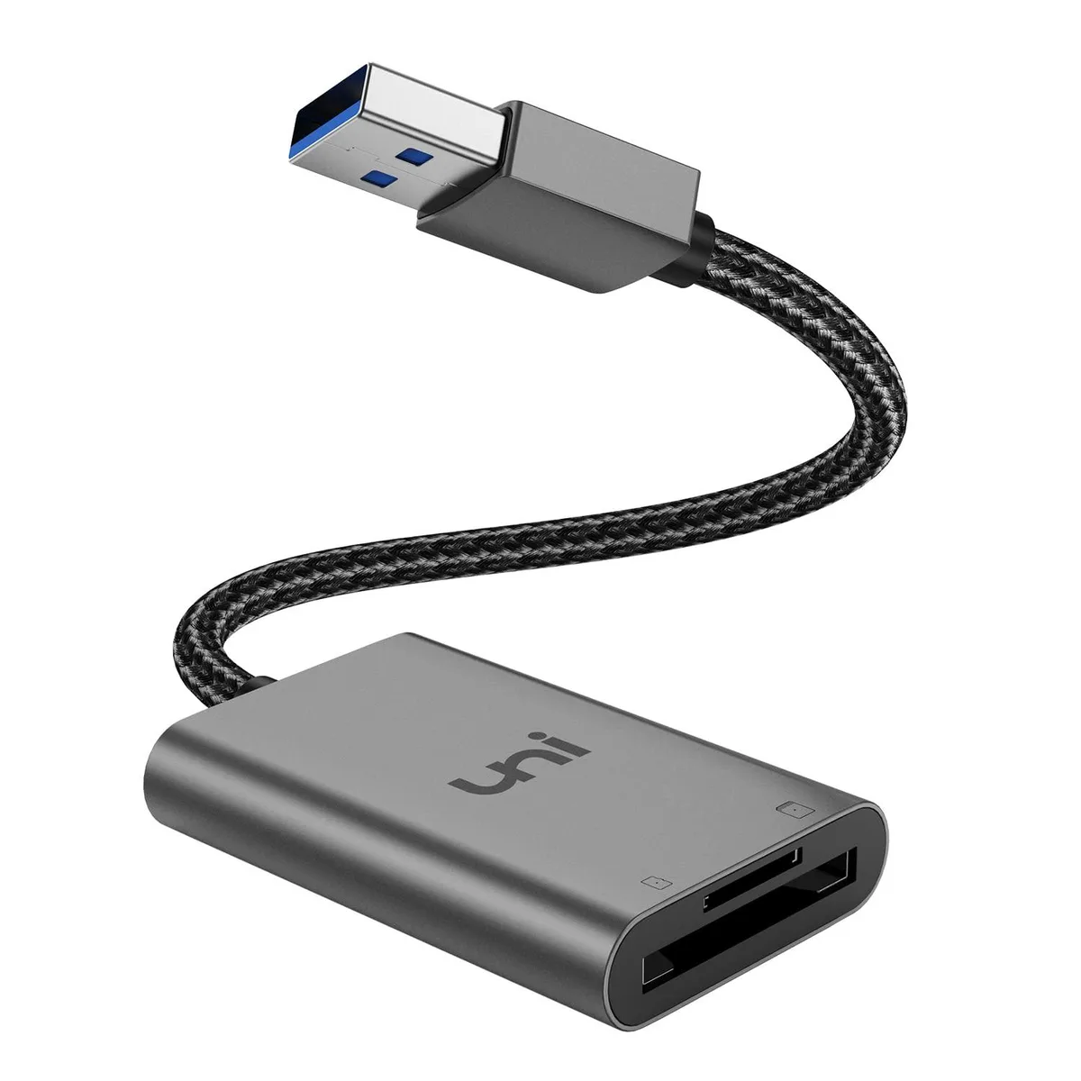 Compact aluminium dual-slot card reader with braided nylon cable and USB-A plug