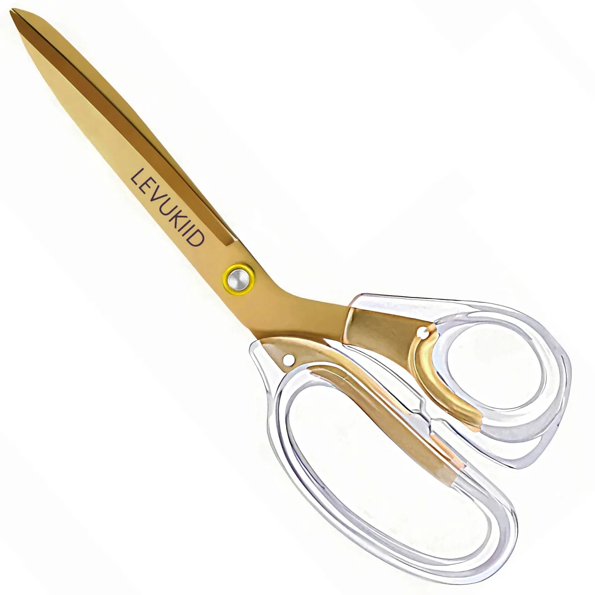 Gold 9.5 inch scissors with clear ergonomic handles and titanium coated blades