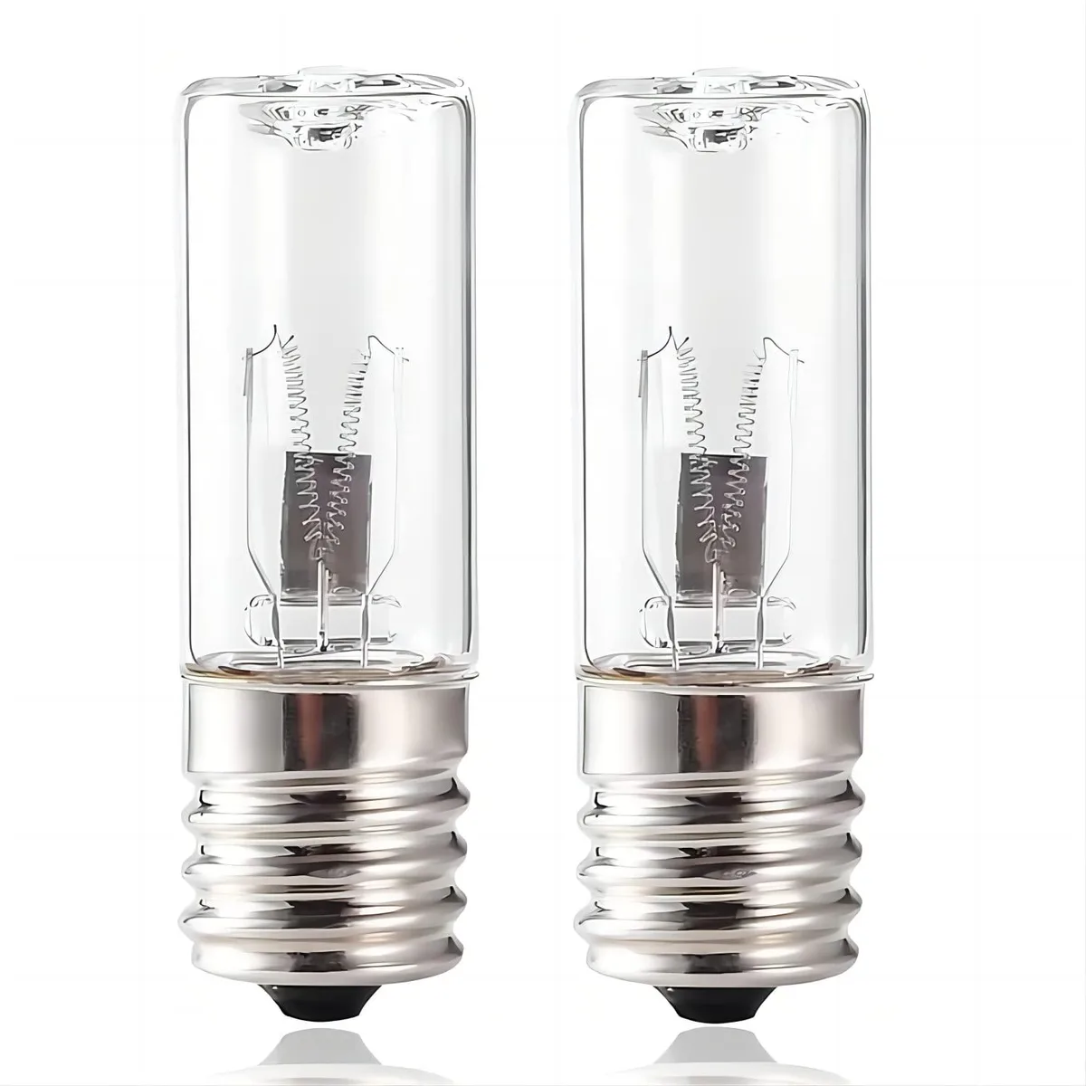 Two small tubular fluorescent bulbs with E17 screw bases, warm white finish