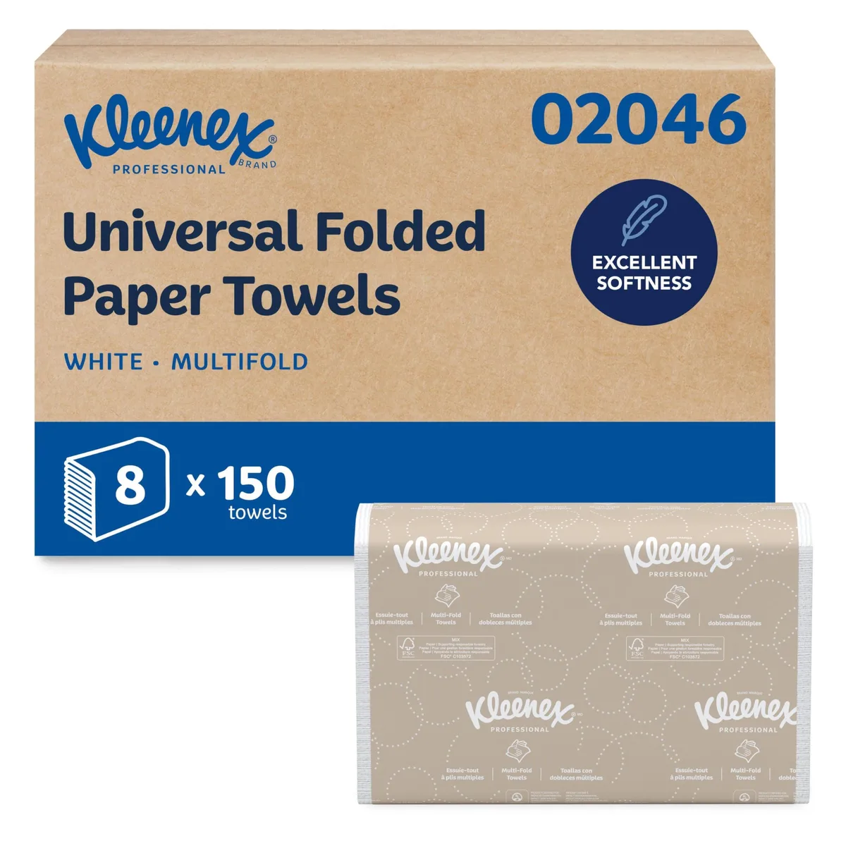 White multifold paper towel sheets in bulk case packaging