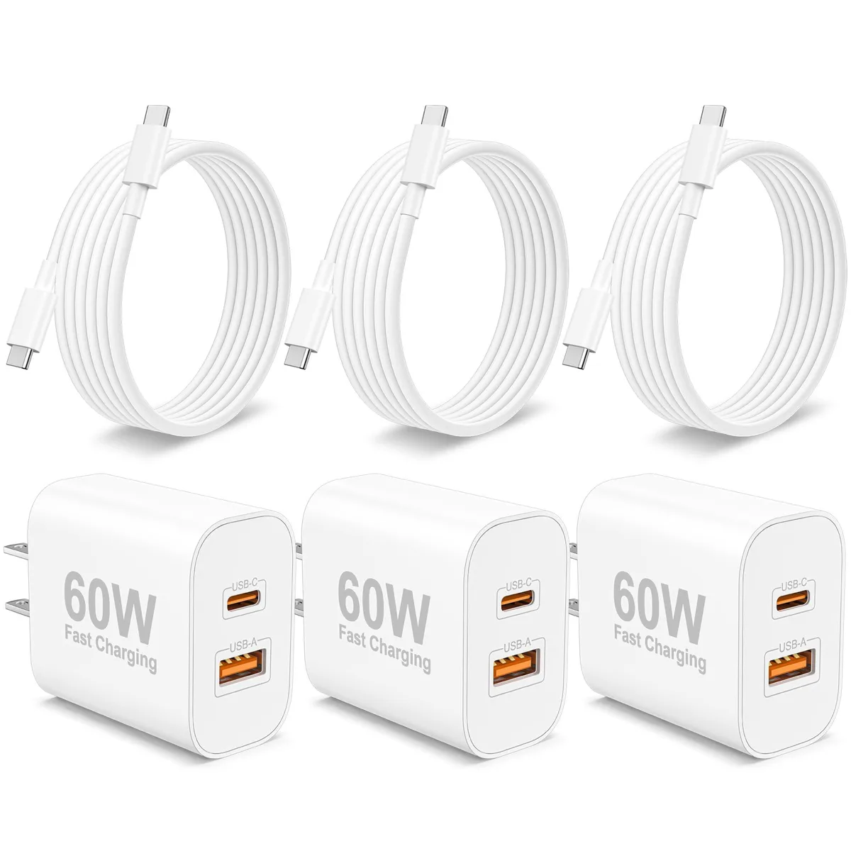 Three white rectangular wall chargers with dual USB ports and folding prongs
