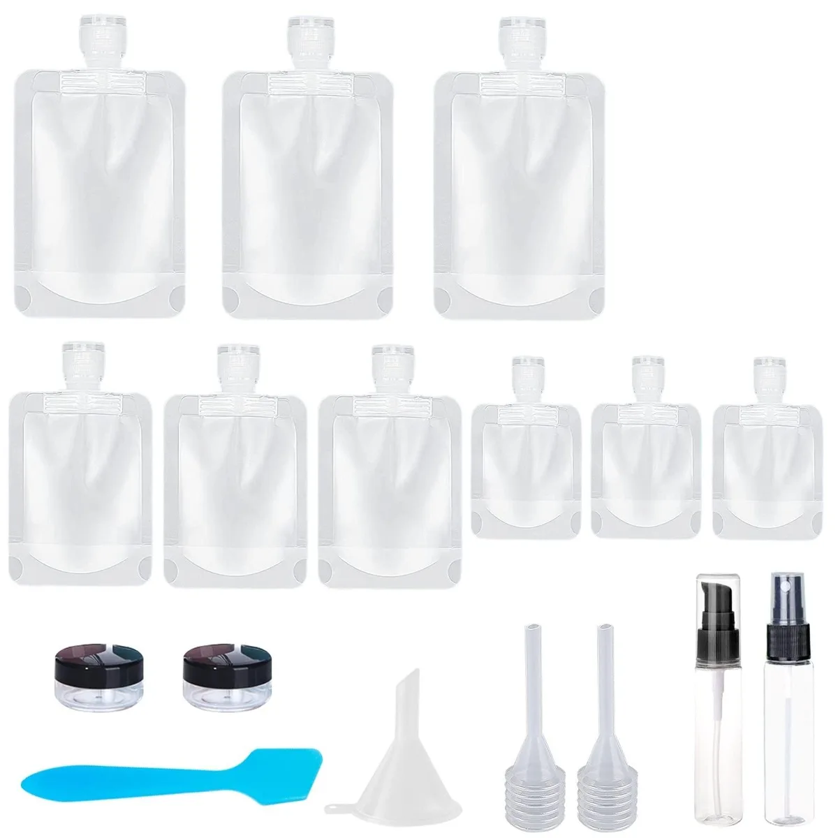 Seventeen-piece travel pouch set with assorted bottles jars and tools in clear plastic finish
