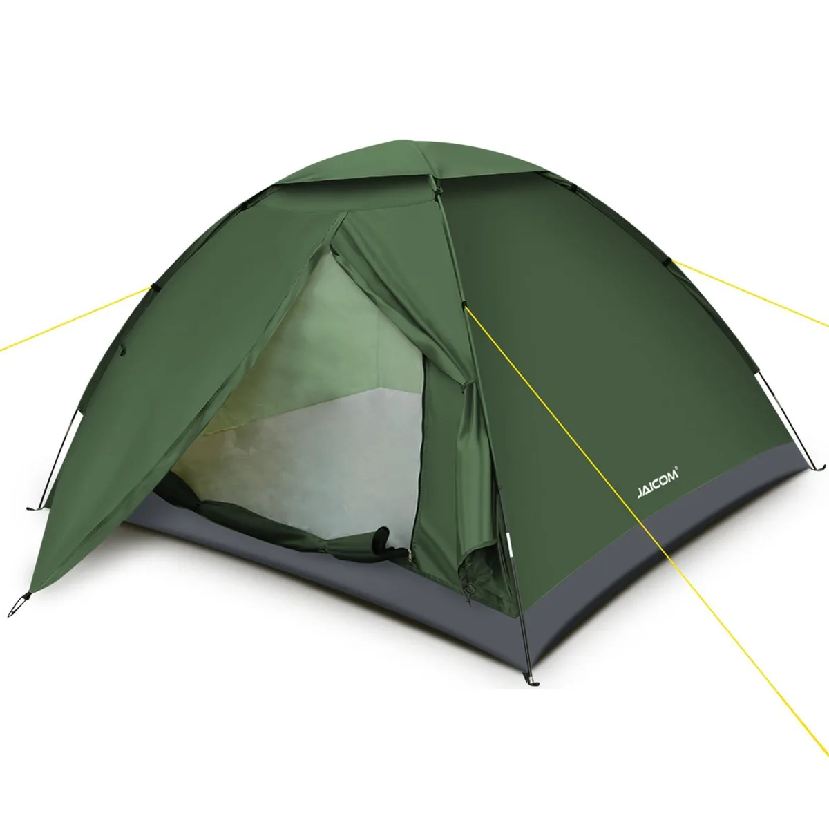 Green four-person dome tent with rainfly and side vestibules, folded carry bag beside it