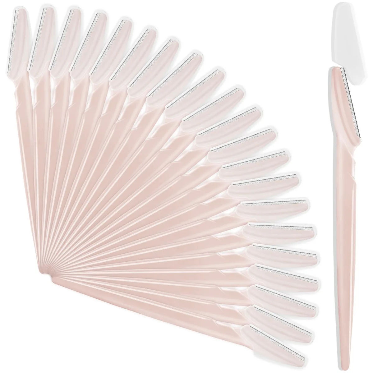 A set of 21 light pink eyebrow razors with protective covers, stainless steel blades and plastic handles