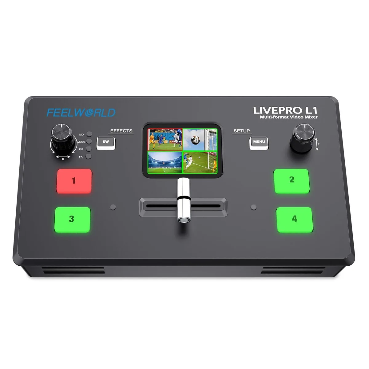 Compact black video switcher with 2 inch LCD screen and four HDMI ports