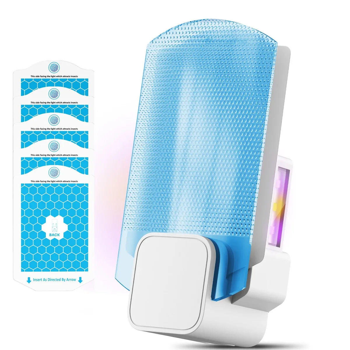 White plug-in pest trap with 14 LED lights and sticky board