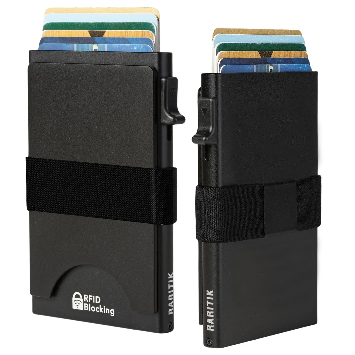 RARITIK Minimalist Wallet Black Aluminum 12 Cards Money Clip RFID Pop-Up 3.9x2.5x.5in 2.6oz — product photo