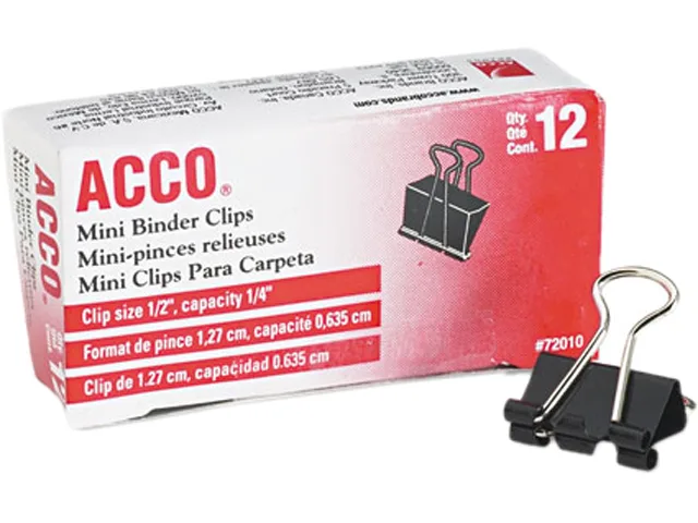ACCO ACCO 72010 Mini Binder Clips 1/4" 1/2" Black/Silver Dozen — product photo
