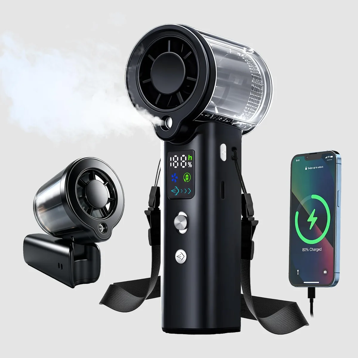Black handheld misting fan with silver blades and LCD screen