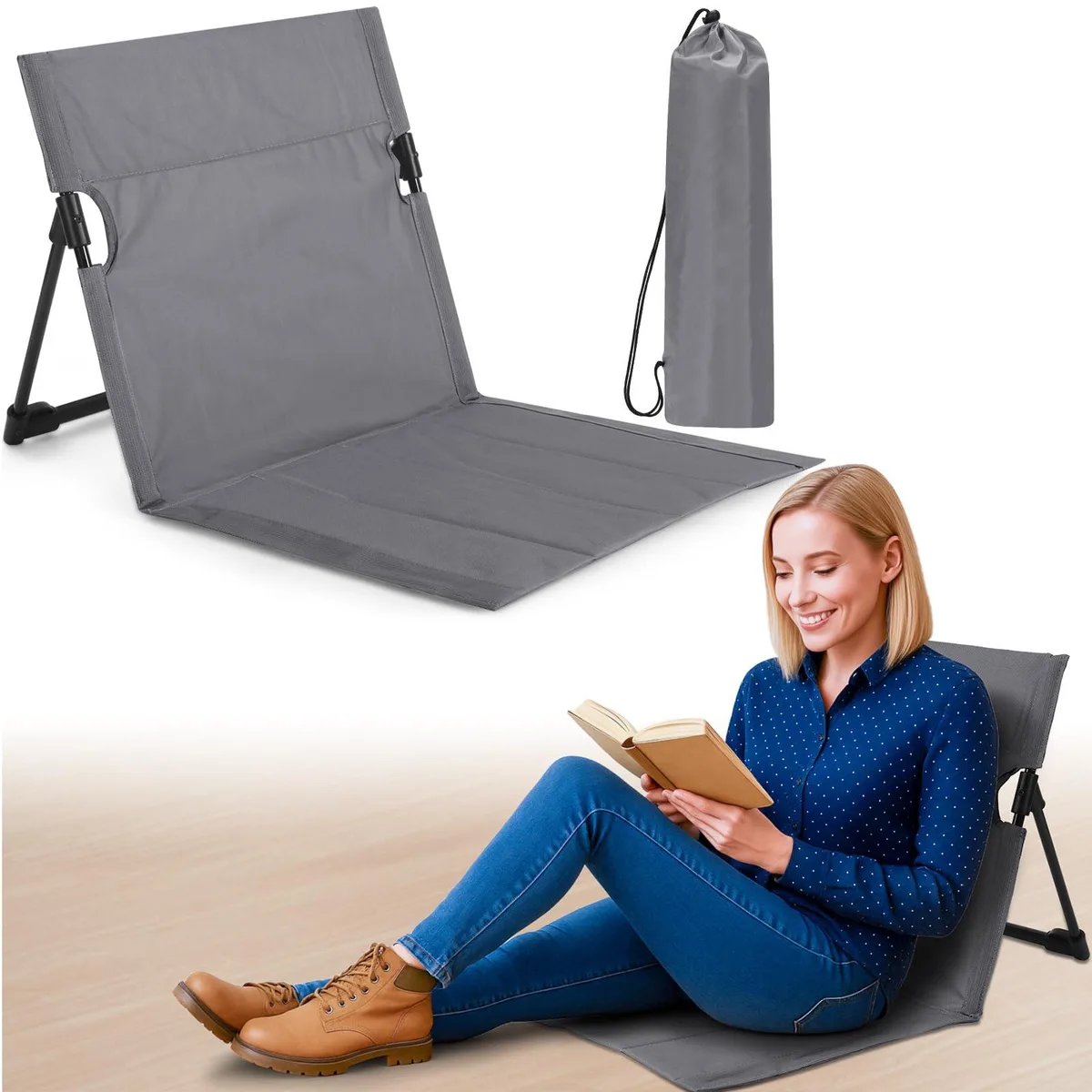 Grey foldable floor chair with backrest and storage bag