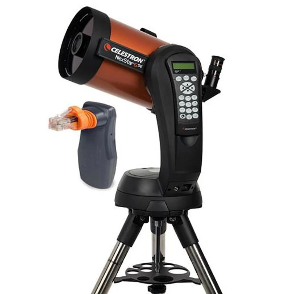 Orange optical tube on single fork arm mount with tripod and hand control