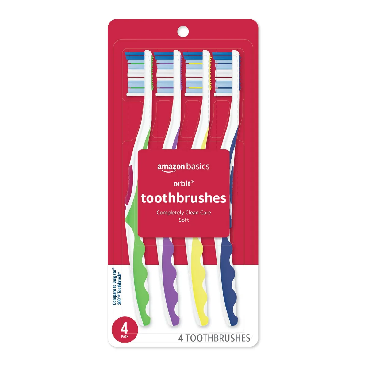 Four manual toothbrushes with soft bristles and tongue scrapers in assorted colours