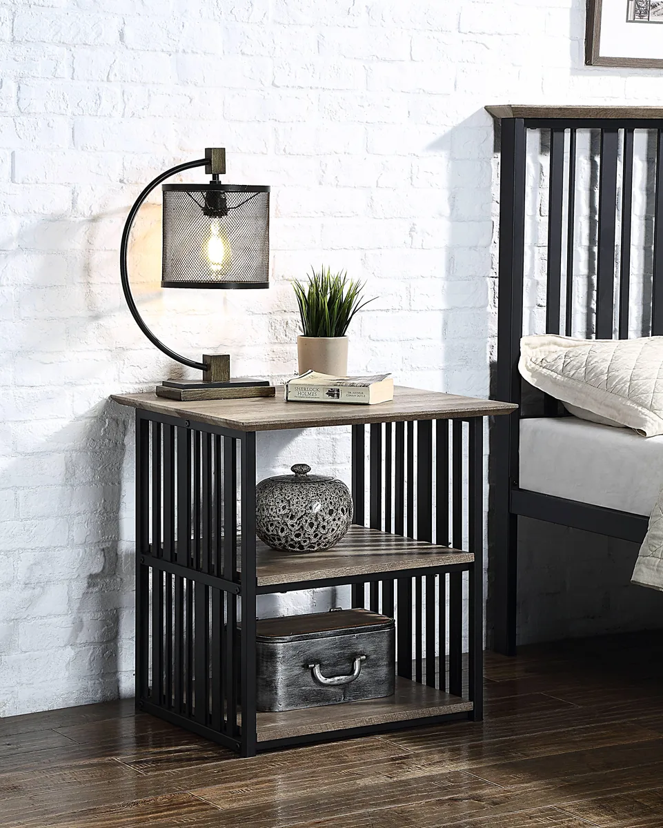 Industrial-style nightstand in antique oak and black with two open shelves