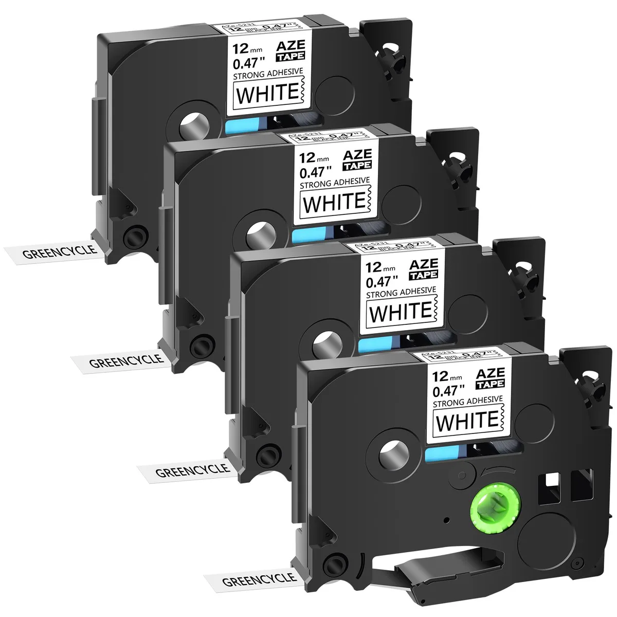 Four white laminated label cassettes with black print, 12mm wide