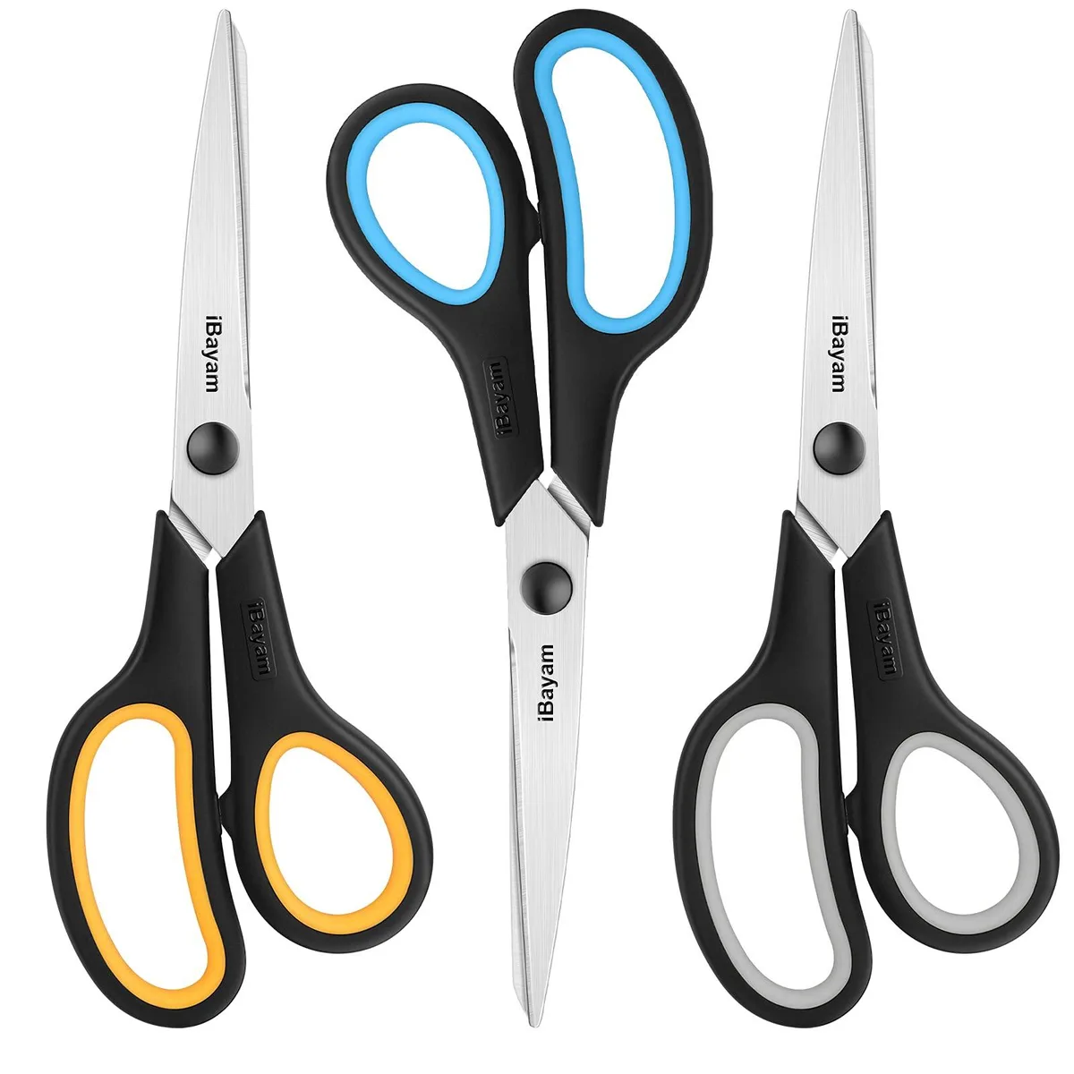 Three blue 8.5 inch scissors with aluminium finish and rubber grips