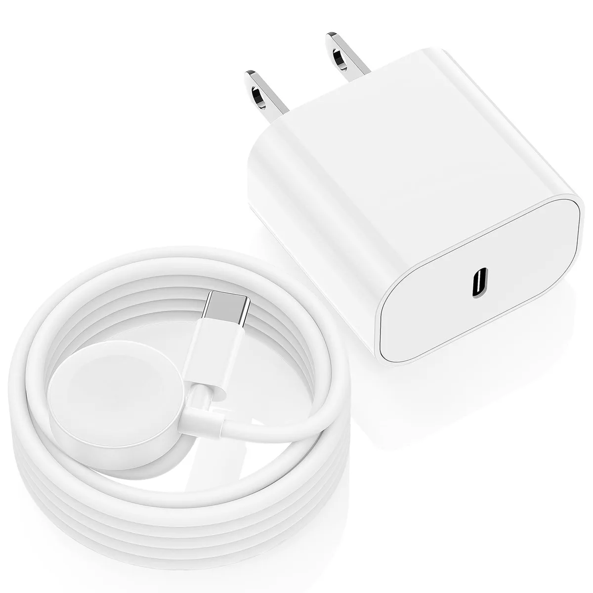 White USB-C magnetic watch charger with six-foot cable and compact wall adapter
