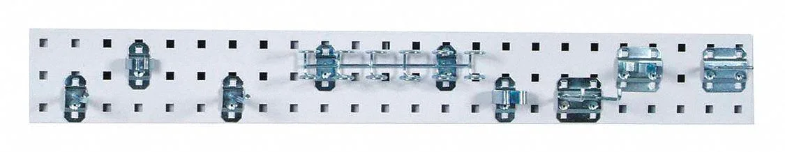 White steel pegboard strip 36 in wide with square holes and mounting hardware