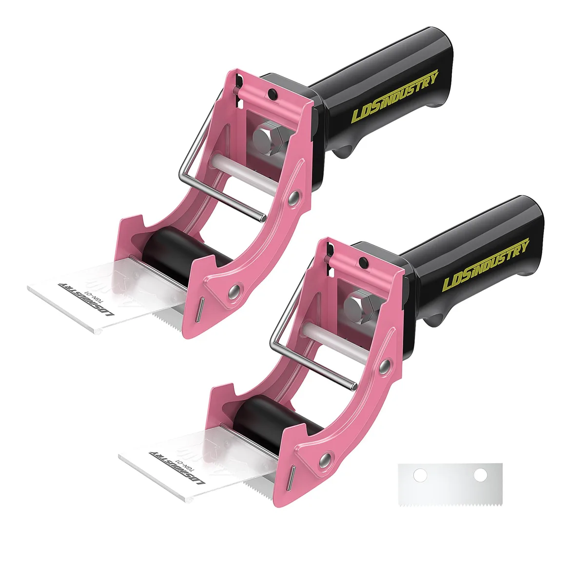 Two pink metal tape dispenser guns with matte black finish and pistol grips