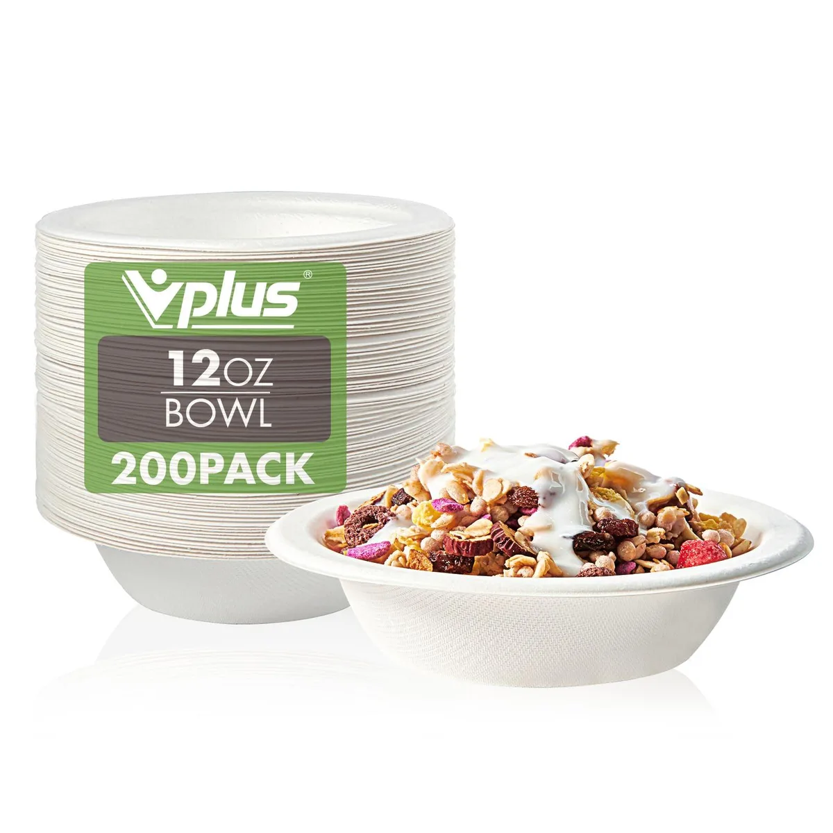 Stack of 200 round brown bagasse bowls 12 oz each